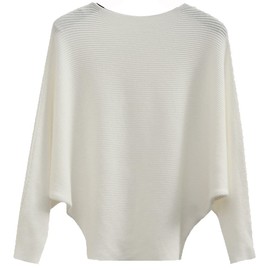 Ckikiou Womens Lightweight Oversized Boat Neck Sweaters Tops Dolman Batwing Sleeve Ribbed Knitted Pullovers White