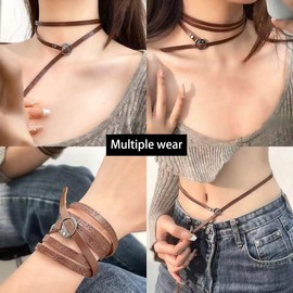 XUN Zhe Layered Leather Love Heart Choker Necklace Boho Coin Clavicle Necklace Geometric Ellipse stone Statement Clavicle Cord for Women Men Gifts (Leather D)