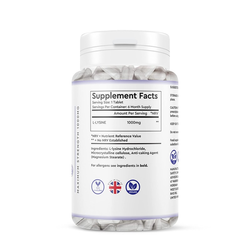 L-LYSINE 1000MG - 180 Vegan Tablets - 6 Month Supply