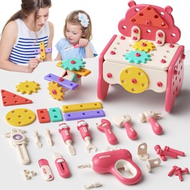 burgkidz Kids Tool Set, 66PCS Toddler Tool Set with Electronic Drill, Screw Toys, Pink