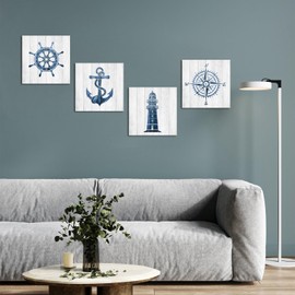 VANSEEING Nautical Wall Art Beach Themed Anchor Lighthouse Bathroom Decor Boat Helm Painting Pictures Print on Canvas Blue Grey Artwork Ready to Hang for Bathroom Living Room 12x12 Inchx4 Panels