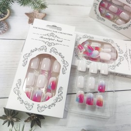 Short Square Rainbow Gradient Press on Nails Pink Ombre False Nails 24 Pcs Glossy Multicolor Gradient Acrylic Fake Nails Gel Glue on Nails Candy Colored Stick on Nails for Coquette Women Girls