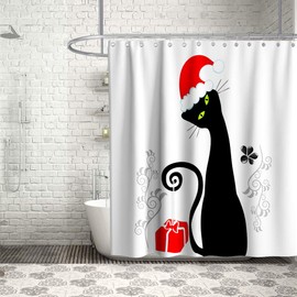 Merry Christmas Shower Curtains Funny Black Cat Wearing Santa Hat Theme Cloth Fabric Bathroom Decor Sets with Hooks Waterproof Washable 70 x 70 inches White and Red