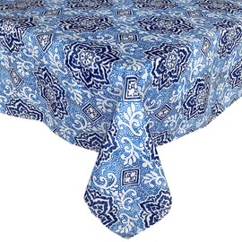 Waverly Spotlight Mediterranean Tile Print Indoor/Outdoor Print Fabric Tablecloth, Blue Mosaic Medallion Design, Stain and Water Resistant Tablecloth, 52 Inch x 70 Inch Oblong/Rectangle