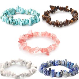 KARLOR 5-Pcs Crystal Bracelet Set, Stone Bracelets Elastic Beaded Bracelets for Women Girls Crystal Gravel Blue, White Turquoise Red Brown,Colorful Chip Friendship Bracelet-Kit Gift