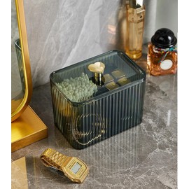 RANNYOZIO Qtips Holder Dispenser 3 Compartments Cotton Ball Holder Cotton Swabs Holder Organizer Acrylic Bathroom Container with Lid for Cotton Swab Pads Cosmetics(Green)