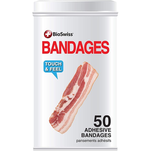 BioSwiss Novelty Bandages Collectable Tin, Self-Adhesive Funny First Aid Bandages, Novelty Gag Gift (Bacon)