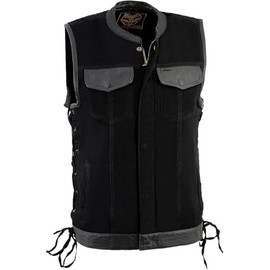 Milwaukee Performance Men's SOA Leather Trim Side Lace Denim Vest Concealed Snap w/Hidden Zipper w/ 2 Inside Gun Pockets (Small)