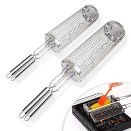 BBQ Grill Basket Barbecue Accessories, Stainless Steel Portable Flip-Top Grilling Basket for Vegetable Fish Shrimp Meat with Removable Handle, BBQ Gifts for Men Dad Father (Come with Basting Brush)