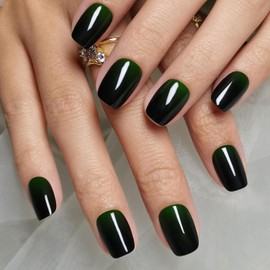 Generic 32 Pcs Black Green Gradient Mirror Ombre Acrylic Nails Short Square Press On Nails Set (16 Sizes, 1 Mini Nail File, 1 Small Wooden Stick, 1 Adhesive Tab Glue) for Women DIY Nail Art