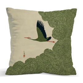 Vintage Crane Pillow Covers 18x18 Inch, Japanese Style Bird Throw Pillow Covers, Green Botanical Decor for Couch Sofa Bed Living Room Bedroom, Asian Inspired Home Decor Gifts