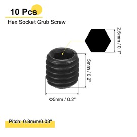 sourcing map 10Pcs Hex Socket Grub Screw, M5x5mm 304 Stainless Steel Head Socket Set Screws Flat Point Grub Bolt for Door Handles, Light Fixture Repair, Black