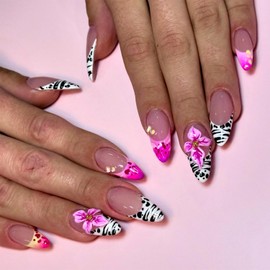 LWTZLW French Tip Press on Nails Flower Medium Almond Fake Nails with Rhinestones Full Cover Glue on Nails Leopard French Tip Oval Acrylic False Nail Glossy Artificial Nail Reusable for Women