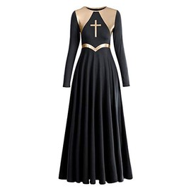 Women Metallic Cross Liturgical Praise Dance Dress Lyrical Dancewear Color Block Full Length Robe Praisewear Church Worship Gowns Costume Black + Gold Cross 3XL
