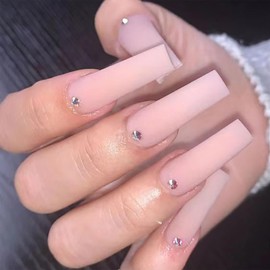 IMRAIN Press on Nails Square Long Fake Nails Nude Matte Glue on Nails with Rhinestone Design Full Cover Gel Manicure Acrylic False Nails for Wedding Artificial Stick on Nails for Women 24Pcs