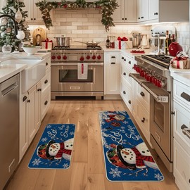 Artoid Mode Blue Let It Snow Snowflake Snowman Winter Kitchen Mats Set of 2, Christmas Decor Low-Profile Kitchen Rugs for Floor - 17x29 and 17x47 Inch