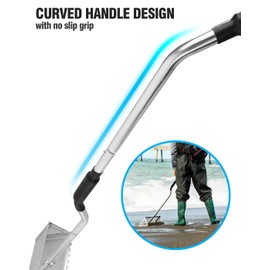 Exact Design Sand Flea Rake,16-Inches Wide Basket, 52” Long Strong Assembly Handle, Sharp Teeth, Curved Handle Design [3 Pieces Assembly Handle Version]