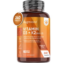 Vitamin D3 K2 MK7-8 Months Supply (240 VIT D3 & K2 Tablets) - Vegetarian Vitamin D 4000IU & 125ug K2- High Strength Vitamin D Supplement for Women & Men - D3 and K2 Vitamin for Bone & Immune System