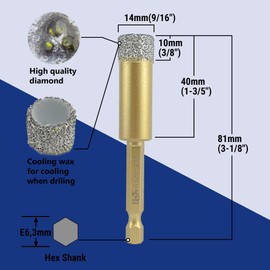 HXIN Brazed Diamond Drill Bits with Hex Shank E6.3mm Fast Connection for Dry or Wet Drilling on Porcelain Ceramic Tile Granite Marble Used on Corded or Cordless Pistol or Bench Drill 14mm (9/16")