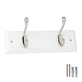 keypak 2-Hook Door Wall Mounted Coat Rack, 22.5cm - White Wooden Board, Satin Nickel Coat Hooks - Fixings Included