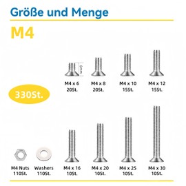 WZHUIDA 330 Piece M4 Screws Set, Stainless Steel Countersunk Screws Metric Hexagon Socket Screws Nuts and Washers Assortment Set, Thread Machines Hex Screws
