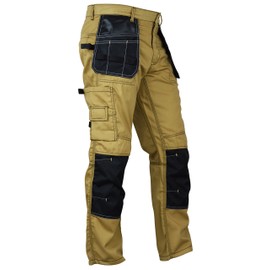 Men's Construction Pants with Cordura Knees Reinforced Carpenter Work Pants Tactical Workwear Cargo Safety TrousersKhaki 32-30