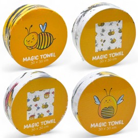 MIJOMA Set of 4 Magic Face Cloths Magic Towel Magic Towel Children's Gift Party Bag Tombola 100% Cotton Unfolds in Warm Water (Süße Bees)
