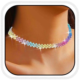 Fashband Rhinestone Choker Necklace Diamond Row Necklaces Sparkly Crystal Necklace Chain Jewerly Prom Accessories for Women (Rainbow)