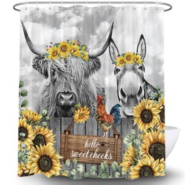 Torich Funny Highland Cow Donkey Shower Curtain, Farmhouse Western Animal Cow Chicken and Pig with Flowers on Fence Bathroom Curtain, Sunflower Bath Curtain Set with Hooks, 69X72 Inches