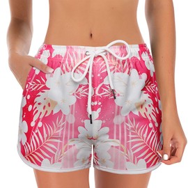 techcity Women's Swim Shorts Quick Dry Board Short Drawstring Swimwear Beach Shorts Summer Casual Bottom with Pockets Rose Red-White