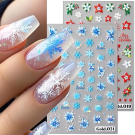 2sheets Christmas Nail Stickers for Nail Art 3D Self Adhesive Winter Blue White Snowflake Nail Art Stickers Flowers Bow Nail Decals Nail Design Stickers for Women Girl DIY Nail Design Decoration