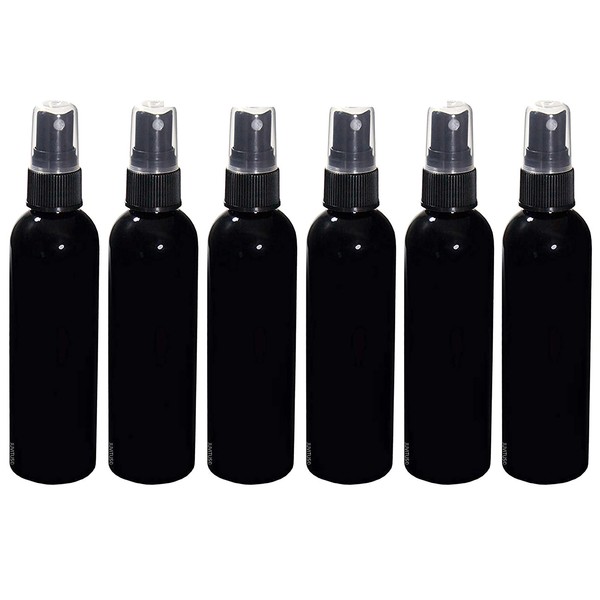 JUVITUS 4 oz Black Slim Cosmo Round PET (BPA Free) Plastic Bottle (6 pack, Black Fine Mist Sprayer)