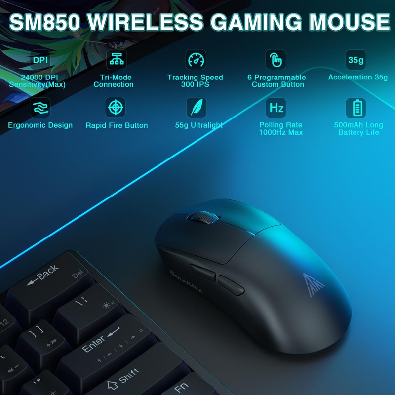 SOLAKAKA SM850 Gaming Mouse Wireless, 24000 DPI, 55g Lightweight Mouse