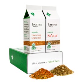 Gourmet Organic Moroccan Spice Rub & Organic Za’atar Gift Set by Journey Spice Co. | Salt-Free | Mediterranean Seasoning | Poultry, Chicken, Shawarma, Tagine, Meat & Vegetable Seasoning | Non-GMO, Natural | 6.17 oz. (total) | Resealable/Reusable Cap