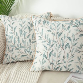 VOGOL 18 Inches Square Throw Pillow Covers, Modern Country Blue Leaves Farmhouse Sofa Throw Cushion Cover, Home Decorative Throw Pillowcases for Couch Bed Car, Set of 2