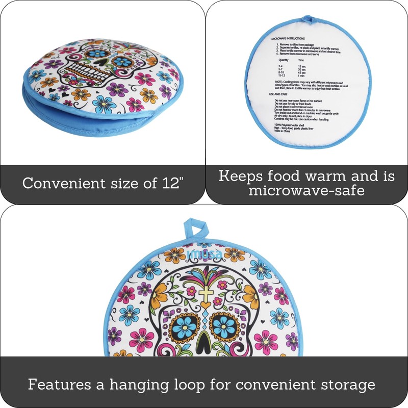 IMUSA 12" Insulated Microwaveable Cloth Tortilla Warmer (Calabera, Dia de