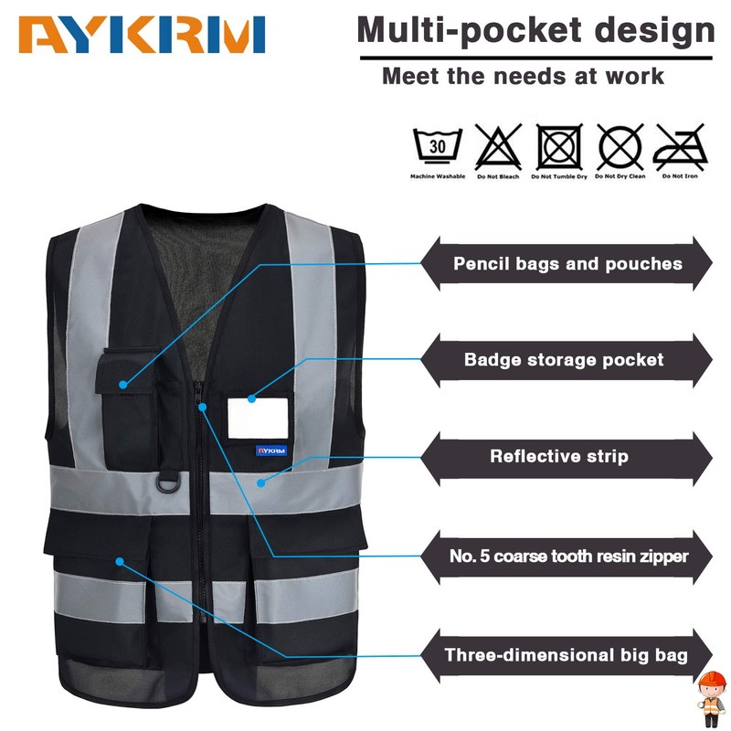 SECURITY Hi Vis Vests with 7 Pockets - Black High
