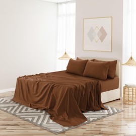 Lux Decor California King Sheet Set - 6 PC Brushed Microfiber Bed Sheets 16 Inches Deep Pockets - Embroidered & Plain Pillowcases - Hotel Luxury Sheets Cal King Size - Soft Bedding Sheets (Brown)