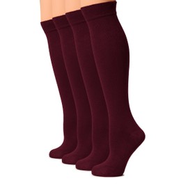HUGH UGOLI Women Cotton Knee High Socks, Long Dress School Uniform Socks for Girls, Soft & Lightweight Boot Socks, Shoe Size: 5-8, Burgundy, 4 Pairs