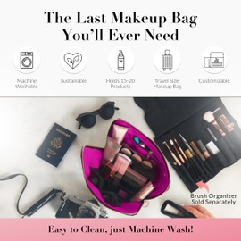 KUSSHI Washable Travel Makeup & Cosmetic Bag, Satin Black/Pink, Signature (Medium) Bag, Signature Makeup Bag Black/ Pink Fabric