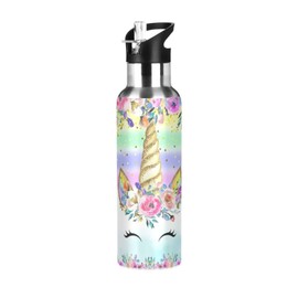 Mnsruu Unicorn Pink Water Bottle for Girls Kids Stainless Steel Drink Flask Straw Vacuum Insulated Leakproof Thermos for Sports 600 ml