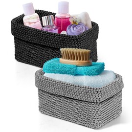 Set of 2 Braided Storage Baskets, Bathroom Stackable Storage Baskets, Small, Changing Table Organiser, Black, Grey, 22 x 12 x 11 cm, for Small Items, Cosmetics