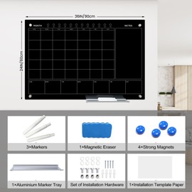 JYYPWB Magnetic Glass Whiteboard 36X24 Monthly Planner Calendar Dry Erase Board for Home, School, Office, Frameless, with Markers, Marker Tray, Eraser, Magnets (Black)