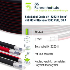 Solar Cable Duplex 5 m Set 6 mm² H1Z2Z2-K - Includes MC4 Plug - TÜV Certified - 1500V 30A - UV & Weather Resistant - for Solar Systems, Photovoltaics, Motorhomes & Balcony Power Plants