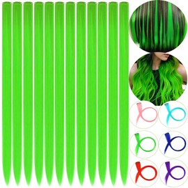 CLOEWCL 12 PCS Green Hair Extensions Clip in, 22" Colored Hair Extensions, Highlights Colorful Hair Extensions, Synthetic Straight Hair Piece DIY Hair Accessories on Daily Party (Green)