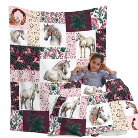 BUYYET Horse Print Checkered Fleece Flannel Blanket Horse Blanket for Girls Women Horse Lovers Gifts Beautiful Horse Decor Cute Farm Animal Floral Throw Blanket for Couch Bed 40''x 50'' For Kids/Child