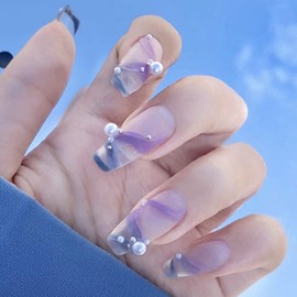 Aksod Matte Purple Press on Nails Medium Coffin Fake Nails Pearl Designed Cute Full Cover Acrylic False Nails Tips for Women and Girls 24Pcs (Style H)