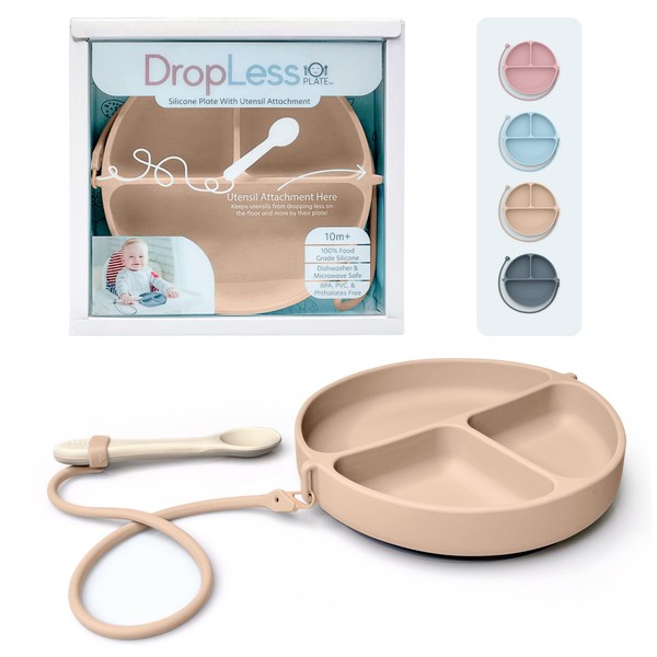 DropLess Plate, Silicone Suction Plates for Baby With Utensil Attachment,