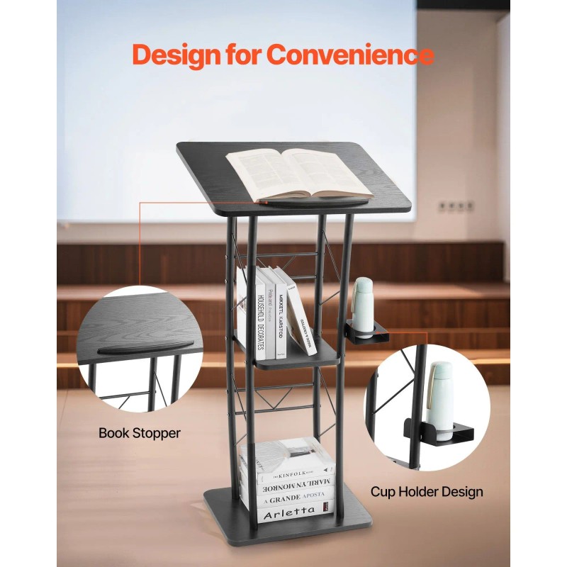 47-Inch Metal Curved Standing Podium Wide Reading Surface Open Storage