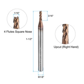 sourcing map Carbide Square End Mill, 1/16" Dia TiAlN Coated 4 Flutes Milling Bit Cutter, for Hardened Steel Stainless Steel Alloy Metal, 1/8" Shank 3/16" Cut Length 1-1/2" Long HRC55